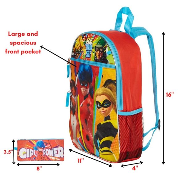 Miraculous Ladybug 5pc Backpack Set Lunch Box Girls School Bag Case Bottle 16" - Picture 5 of 9